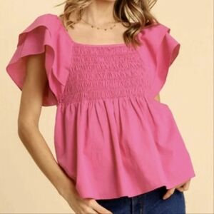 NWT Umgee Smocked w/Layered Ruffle Sleeves Top sz L